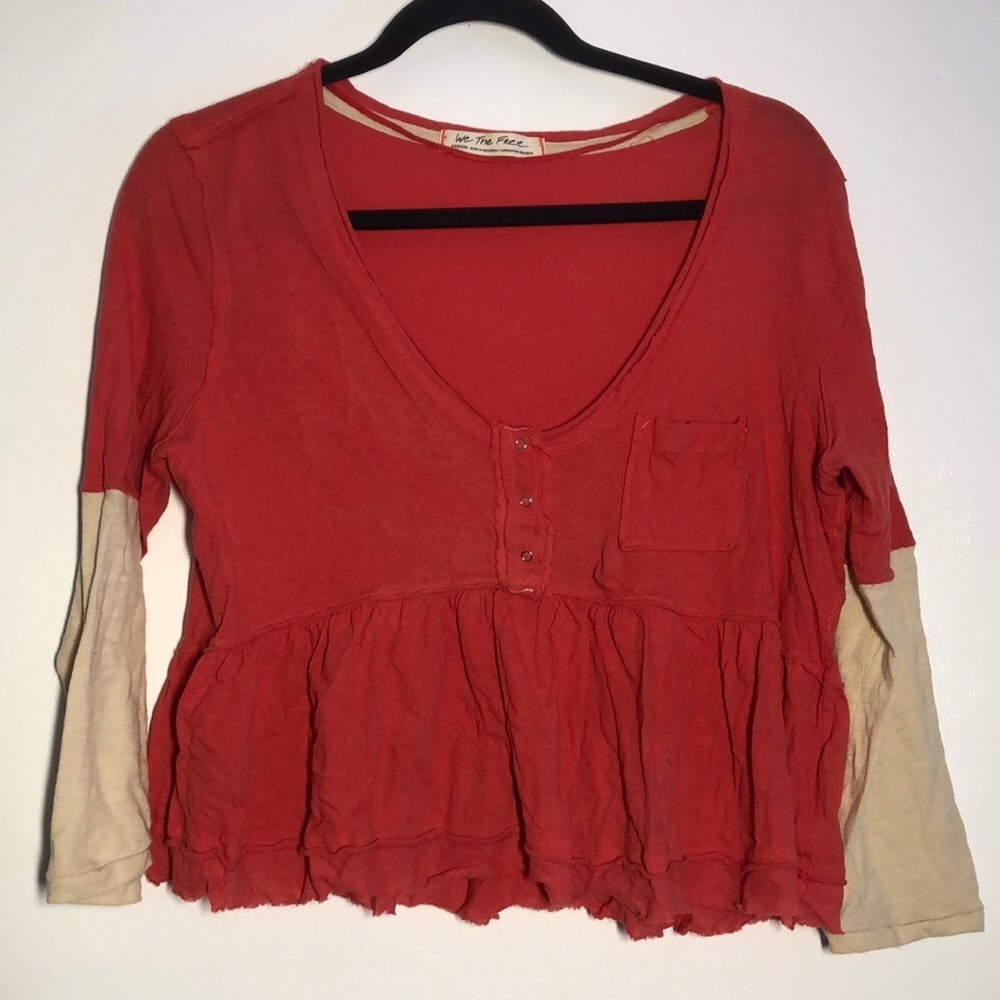 We The Free Womens Cropped Size M Shirt 3/4 Sleeve Red Coral Baggy